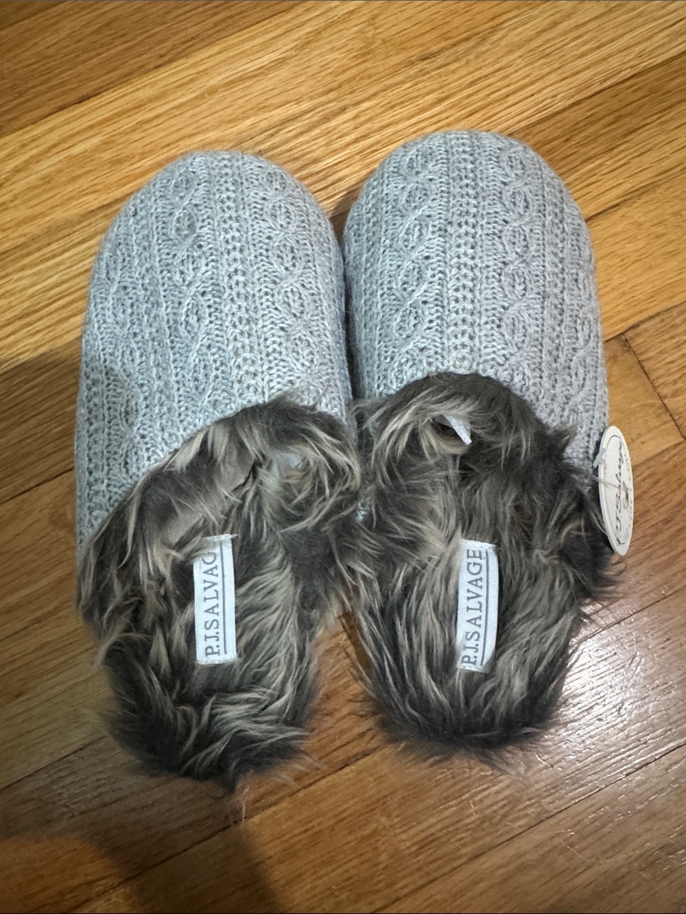 P.J. Salvage Light Gray Cable Knit Faux Fur Lined Slippers